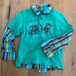 Catimini Teal Polo with Multicolor Plaid Accents